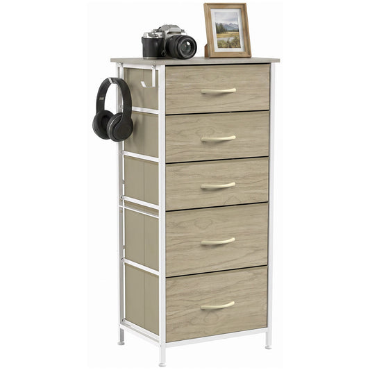 Chest of Drawers, Dresser for Bedroom with 5 Fabric Drawers, Tall Storage Unit with 4 Pockets, 2 Hooks and Steel Frame for Living Room, Hallway, Natural Wood Finish