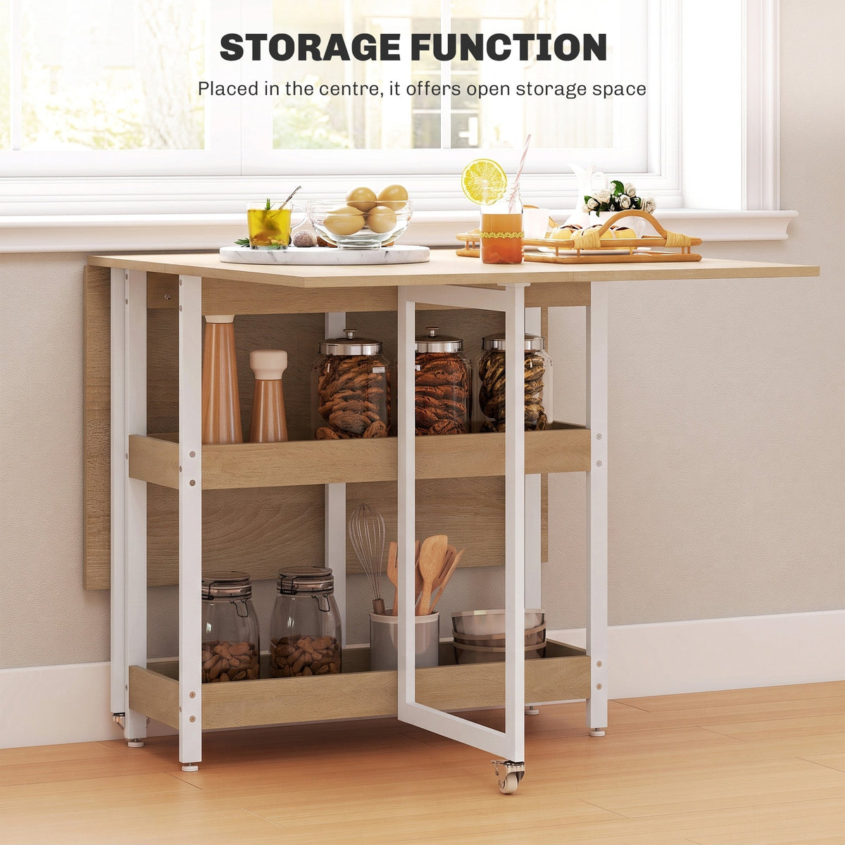 Folding Dining Table for 4, Space-Saving Drop-Leaf Kitchen Table with Storage Shelves and Wheels for Small Spaces, Dining Room or Kitchen, Natural
