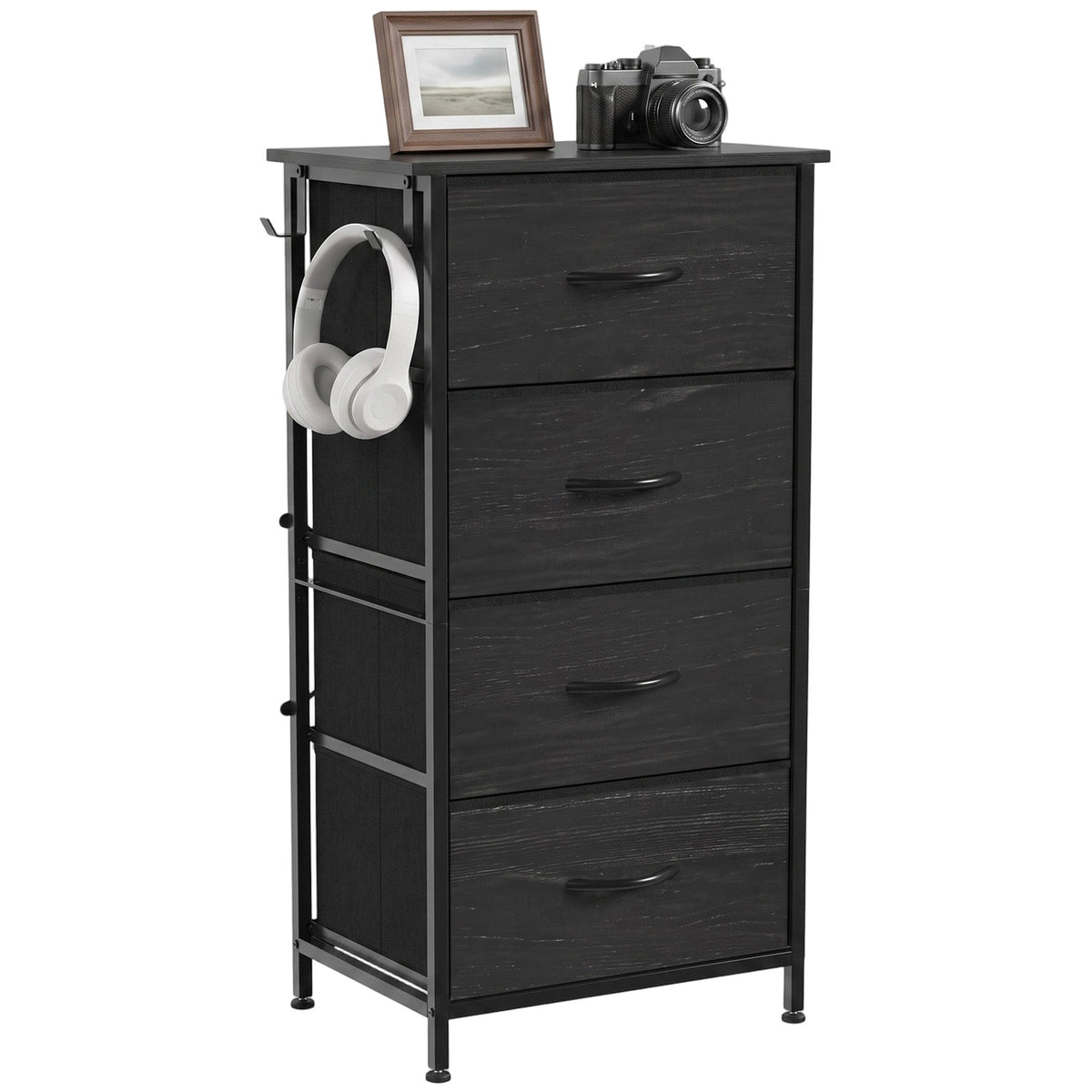 Chest of Drawers, Dresser for Bedroom with 4 Fabric Drawers, Tall Storage Unit with 4 Pockets, 2 Hooks and Steel Frame for Living Room, Hallway, Black