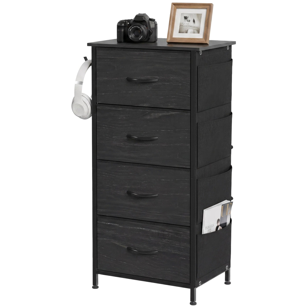 Chest of Drawers, Dresser for Bedroom with 4 Fabric Drawers, Tall Storage Unit with 4 Pockets, 2 Hooks and Steel Frame for Living Room, Hallway, Black