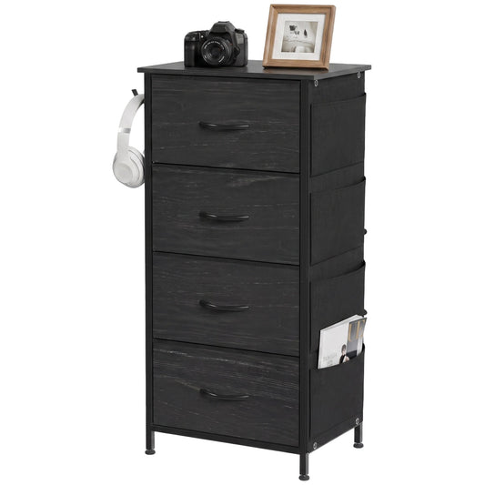 Chest of Drawers, Dresser for Bedroom with 4 Fabric Drawers, Tall Storage Unit with 4 Pockets, 2 Hooks and Steel Frame for Living Room, Hallway, Black