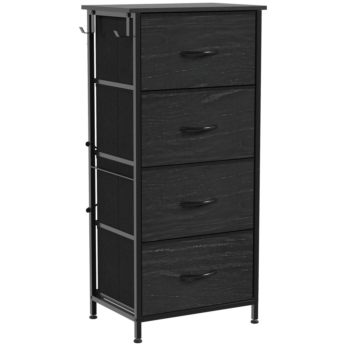 Chest of Drawers, Dresser for Bedroom with 4 Fabric Drawers, Tall Storage Unit with 4 Pockets, 2 Hooks and Steel Frame for Living Room, Hallway, Black