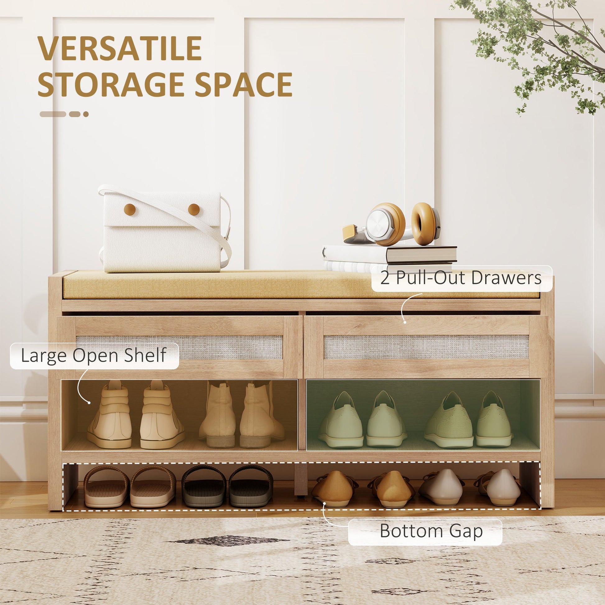Shoe Bench with 2 Rattan Drawers, Boho Shoe Storage Bench with Linen-Look Cushioned Seat and Open Shelf, for Entryway, Living Room, Bedroom, 105 x 35 x 50 cm, Oak Wood Effect