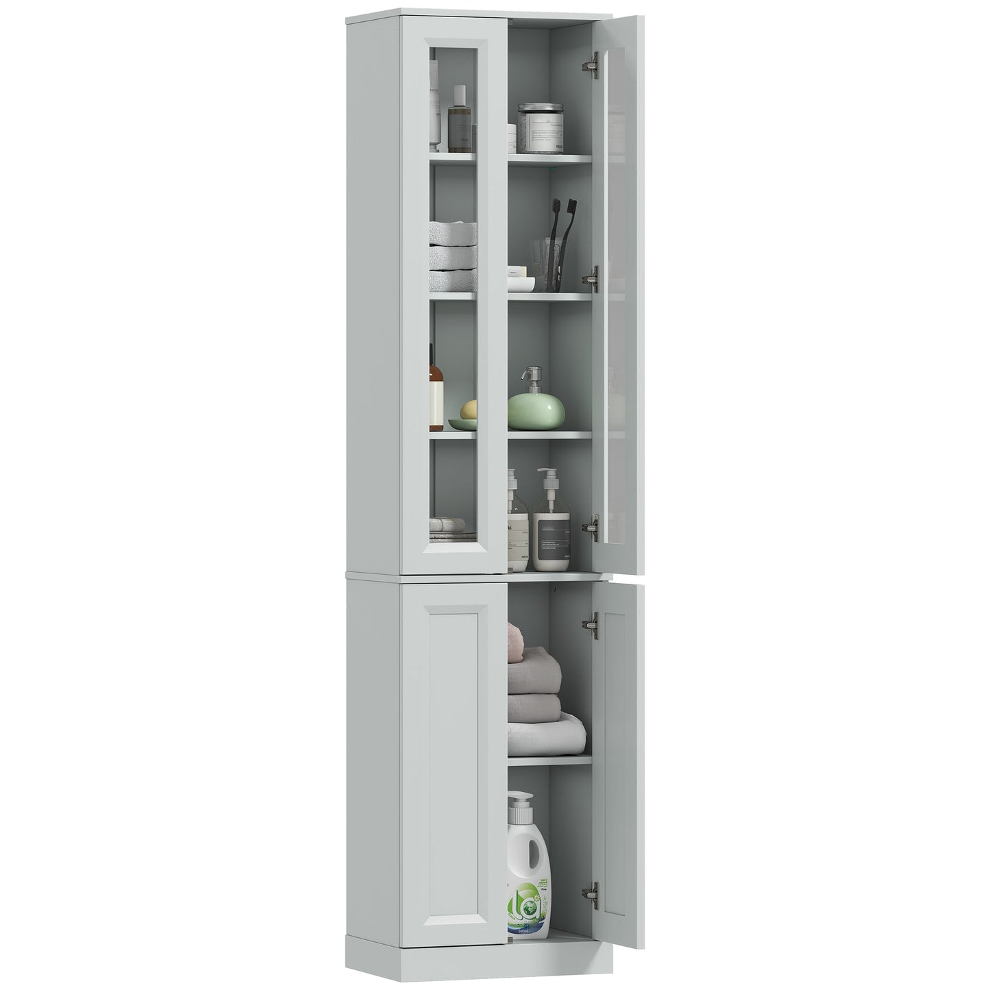 Tall Bathroom Storage Cabinet, 6-Tier Slim Freestanding Bathroom Cabinet with Adjustable Shelf, 4 Soft-Close Doors, Storage Unit for Small Space, 38 x 26 x 160 cm, Dusty Blue