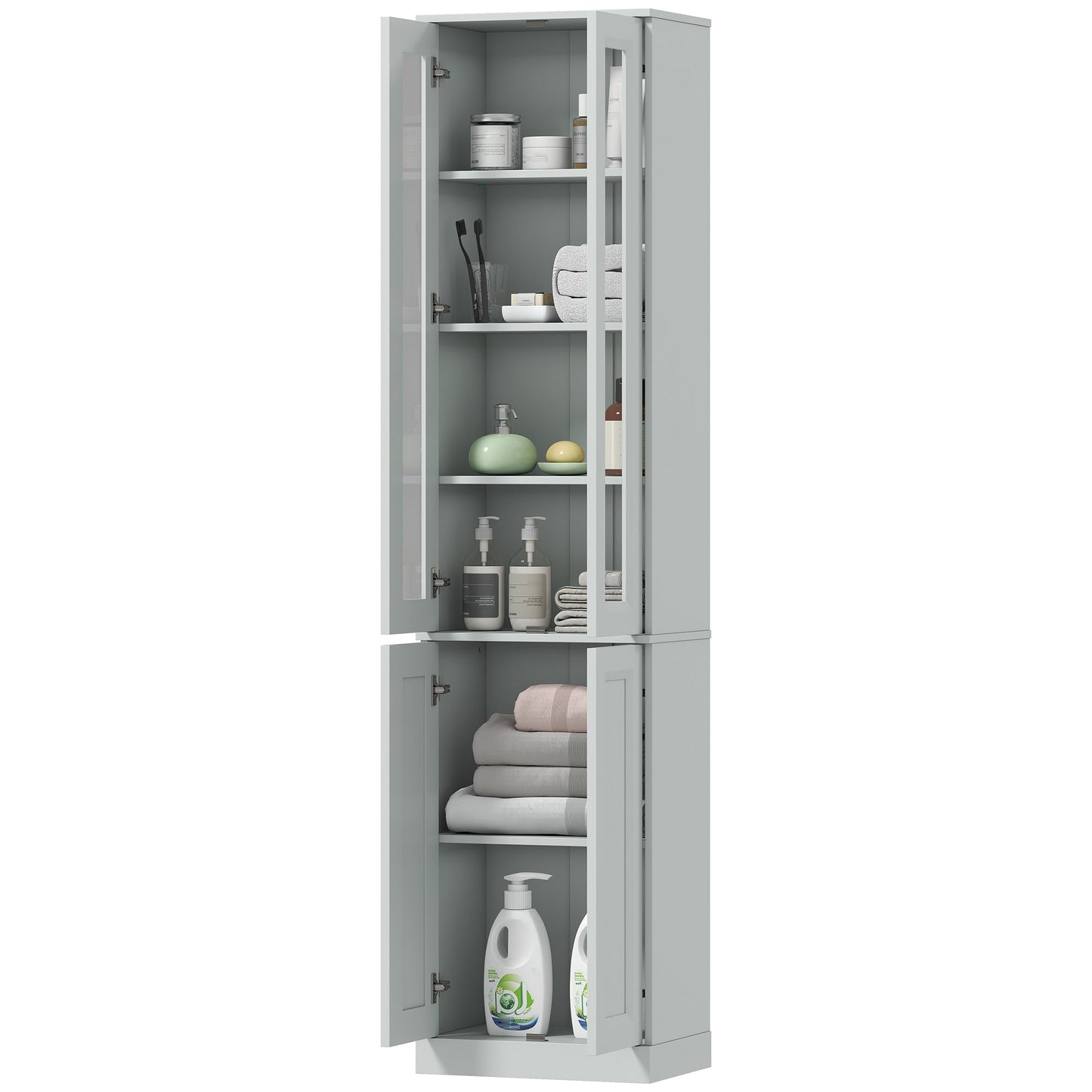 Tall Bathroom Storage Cabinet, 6-Tier Slim Freestanding Bathroom Cabinet with Adjustable Shelf, 4 Soft-Close Doors, Storage Unit for Small Space, 38 x 26 x 160 cm, Dusty Blue