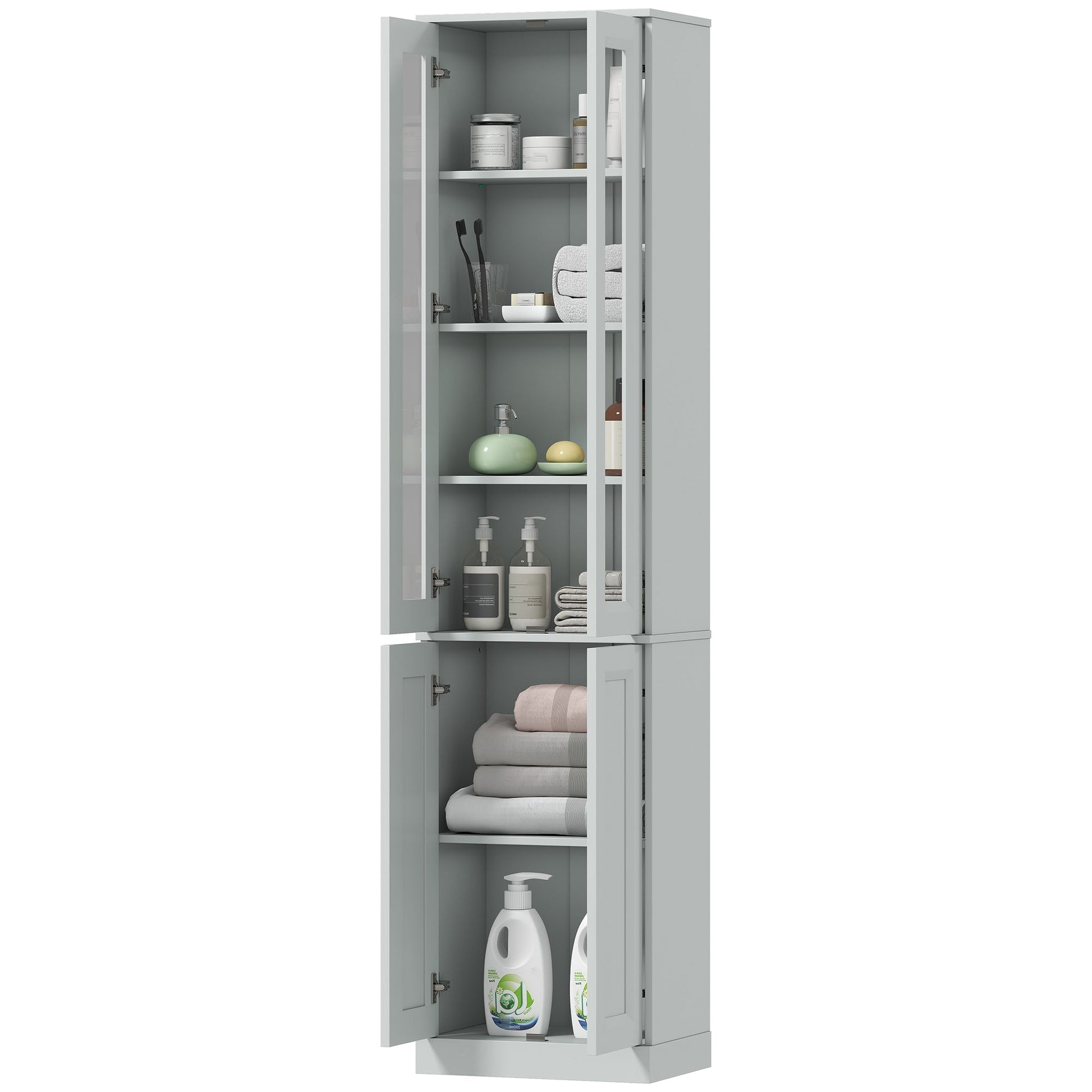 Tall Bathroom Storage Cabinet, 6-Tier Slim Freestanding Bathroom Cabinet with Adjustable Shelf, 4 Soft-Close Doors, Storage Unit for Small Space, 38 x 26 x 160 cm, Dusty Blue