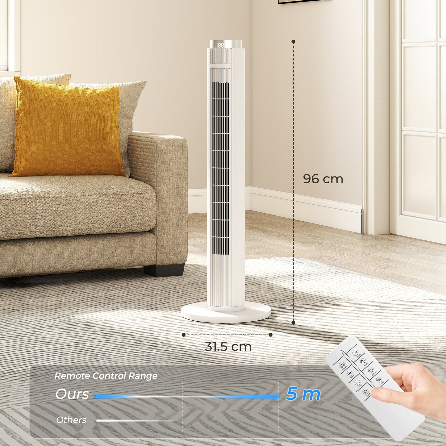 96 cm Tower Fan, Standing Floor Fan with Remote Control, WiFi App Control, 65° Oscillating, 3 Speed 4 Modes, 12 Hour Timer and Night Light for Bedroom Office, White