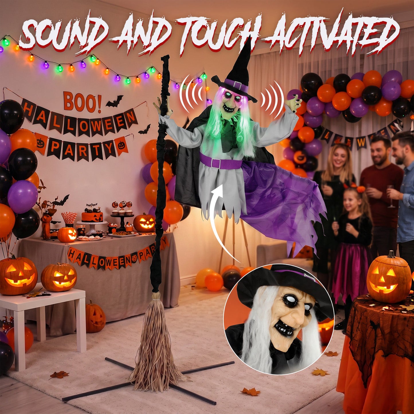 79"/200cm Life Size Animated Flying Witch Halloween Decorations Outdoor Indoor, Scary Halloween Animatronics Decor with Sound Touch Activated, Light Up Animated Prop for Yard Garden