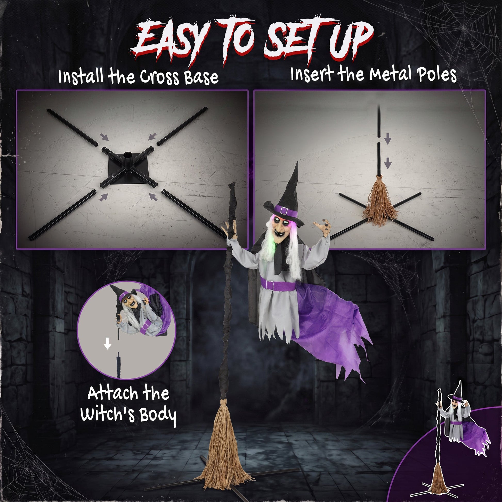 79"/200cm Life Size Animated Flying Witch Halloween Decorations Outdoor Indoor, Scary Halloween Animatronics Decor with Sound Touch Activated, Light Up Animated Prop for Yard Garden