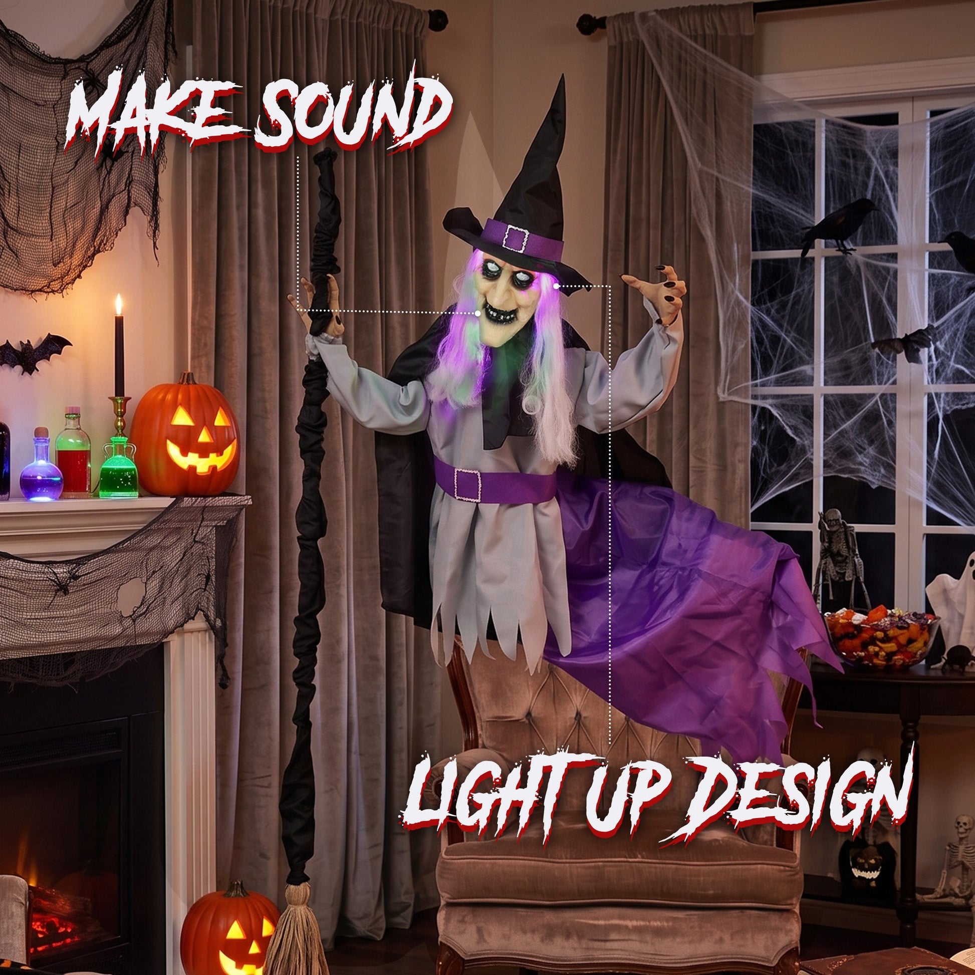 79"/200cm Life Size Animated Flying Witch Halloween Decorations Outdoor Indoor, Scary Halloween Animatronics Decor with Sound Touch Activated, Light Up Animated Prop for Yard Garden
