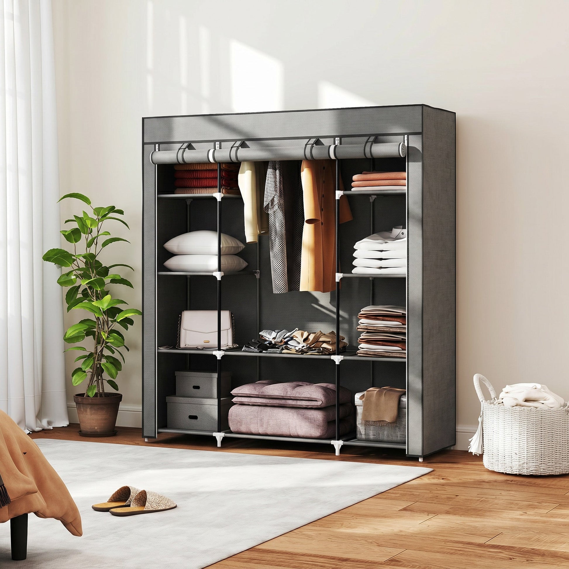 Portable Wardrobe, Foldable Fabric Wardrobe, 150 x 43 x 162.5cm, Clothes Storage Organiser with Hanging Rail, Shelves, Fabric Cover for Bedroom, Dark Grey