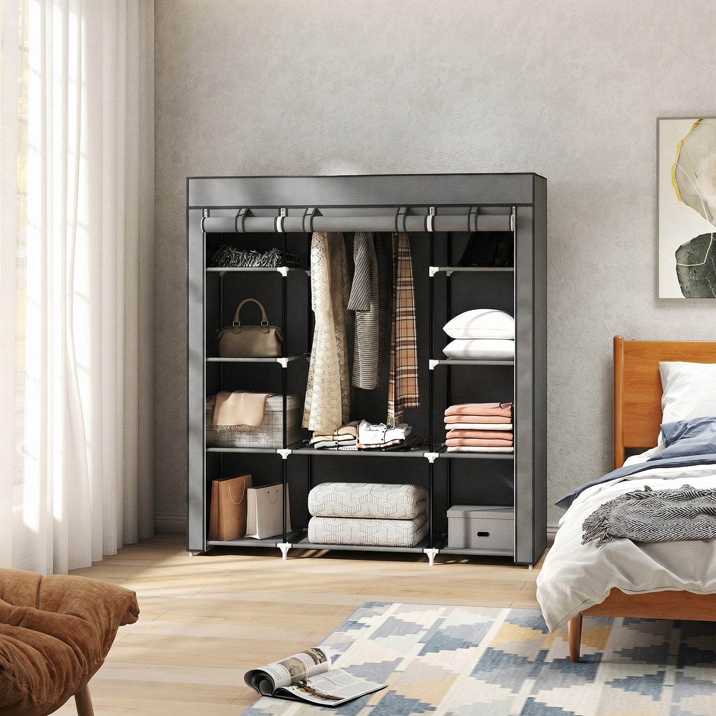 Portable Wardrobe, Foldable Fabric Wardrobe, 150 x 43 x 162.5cm, Clothes Storage Organiser with Hanging Rail, Shelves, Fabric Cover for Bedroom, Dark Grey