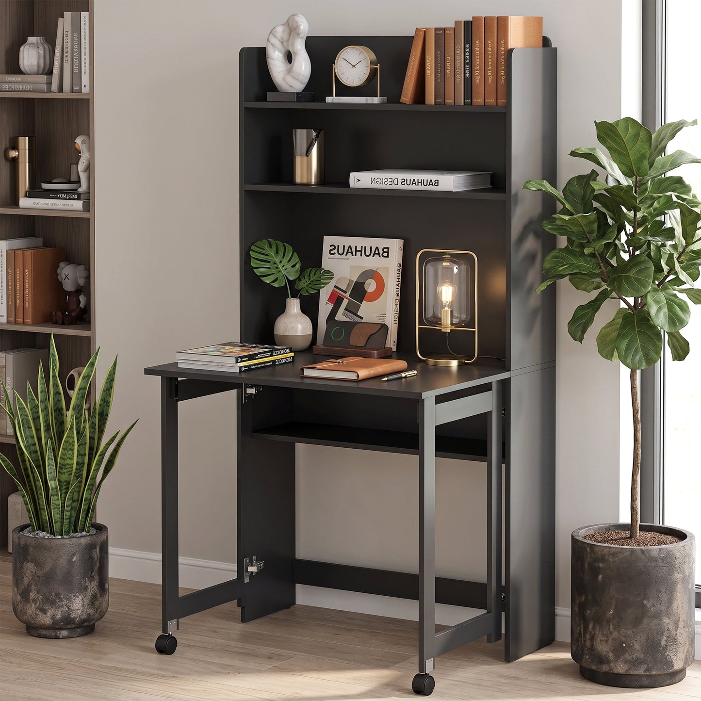 Computer Desk with Storage Shelves, Foldable Desktop with 2 Wheels, Study Table Workstation for Bedroom, Living Room and Home Office, 80 x 69 x 155 cm, Black