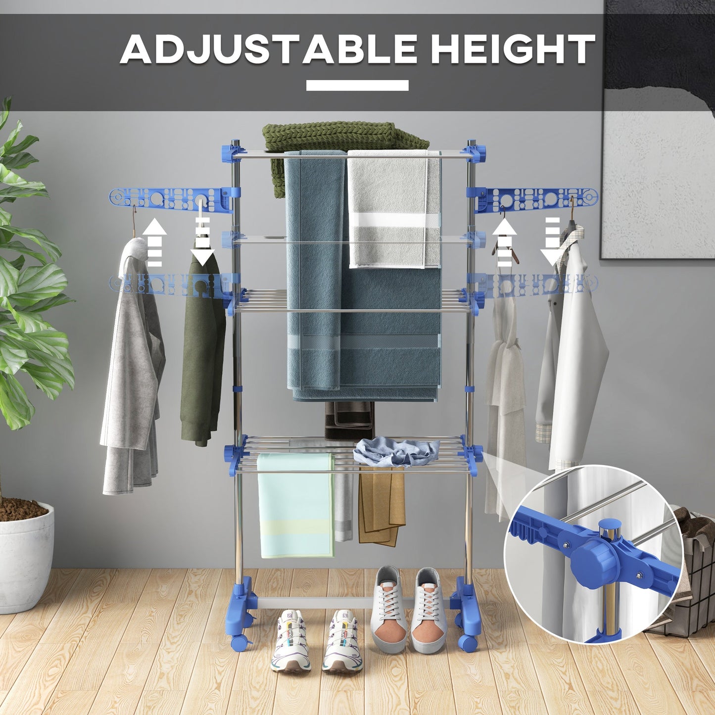 HOMCOM 3-Tier Clothes Airer, Foldable Clothes Drying Rack, Stainless Steel Indoor and Outdoor Clothes Dryer with Wheels and Wings, Easy Assembly, 142 x 55 x 152cm, Blue