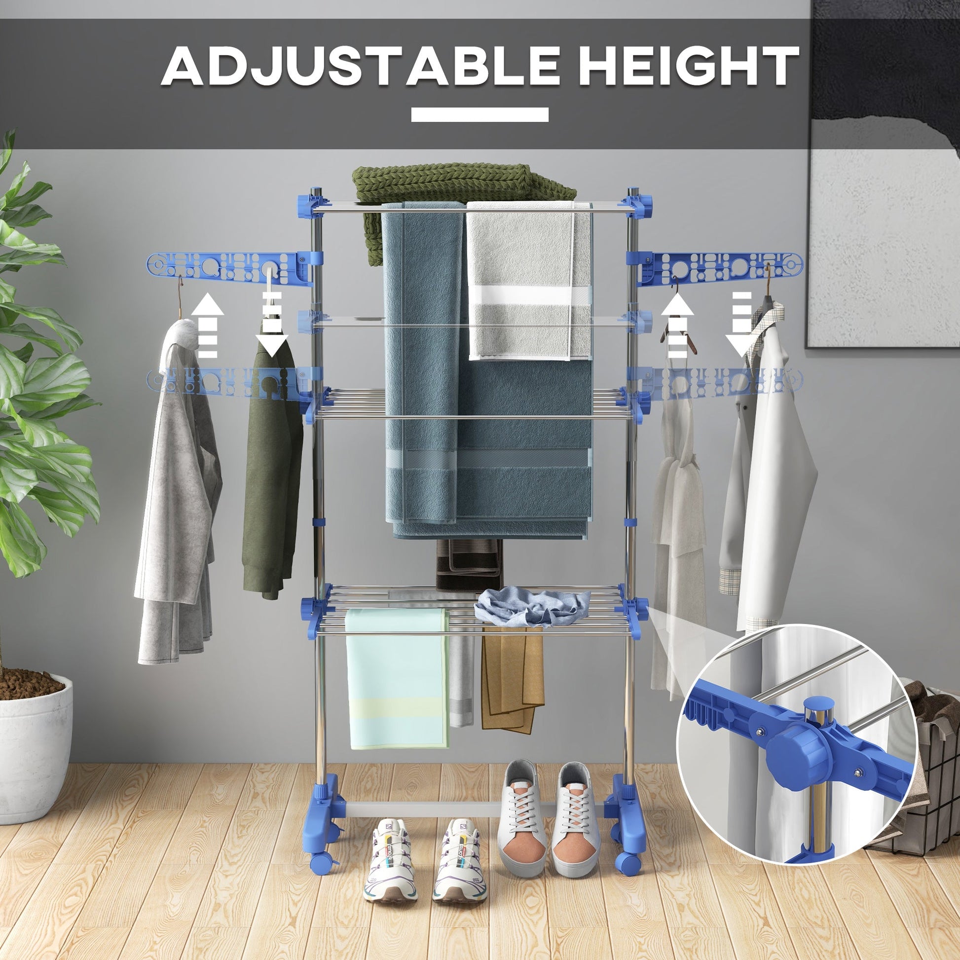 HOMCOM 3-Tier Clothes Airer, Foldable Clothes Drying Rack, Stainless Steel Indoor and Outdoor Clothes Dryer with Wheels and Wings, Easy Assembly, 142 x 55 x 152cm, Blue