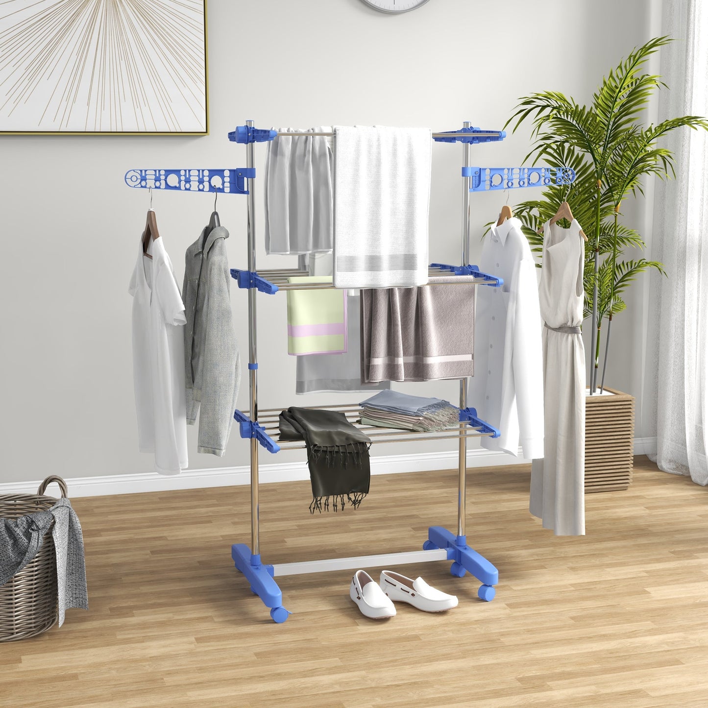 HOMCOM 3-Tier Clothes Airer, Foldable Clothes Drying Rack, Stainless Steel Indoor and Outdoor Clothes Dryer with Wheels and Wings, Easy Assembly, 142 x 55 x 152cm, Blue