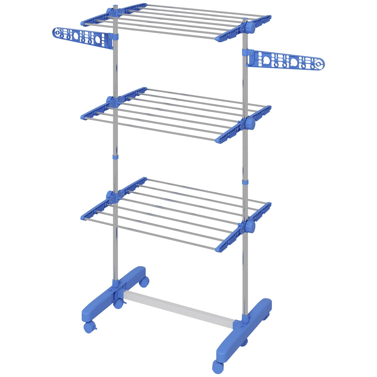 HOMCOM 3-Tier Clothes Airer, Foldable Clothes Drying Rack, Stainless Steel Indoor and Outdoor Clothes Dryer with Wheels and Wings, Easy Assembly, 142 x 55 x 152cm, Blue