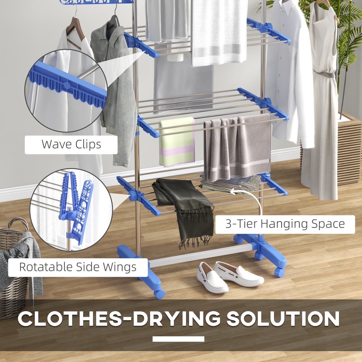 HOMCOM 3-Tier Clothes Airer, Foldable Clothes Drying Rack, Stainless Steel Indoor and Outdoor Clothes Dryer with Wheels and Wings, Easy Assembly, 142 x 55 x 152cm, Blue