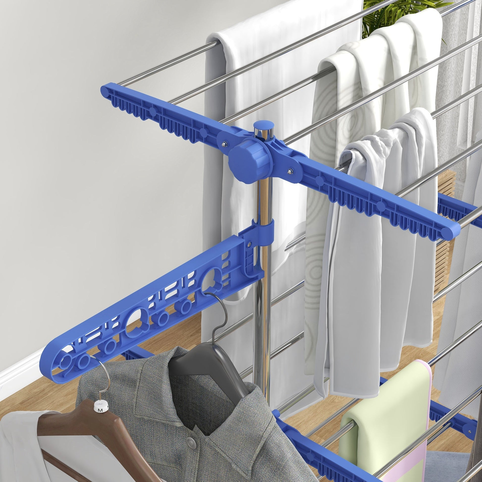 HOMCOM 3-Tier Clothes Airer, Foldable Clothes Drying Rack, Stainless Steel Indoor and Outdoor Clothes Dryer with Wheels and Wings, Easy Assembly, 142 x 55 x 152cm, Blue