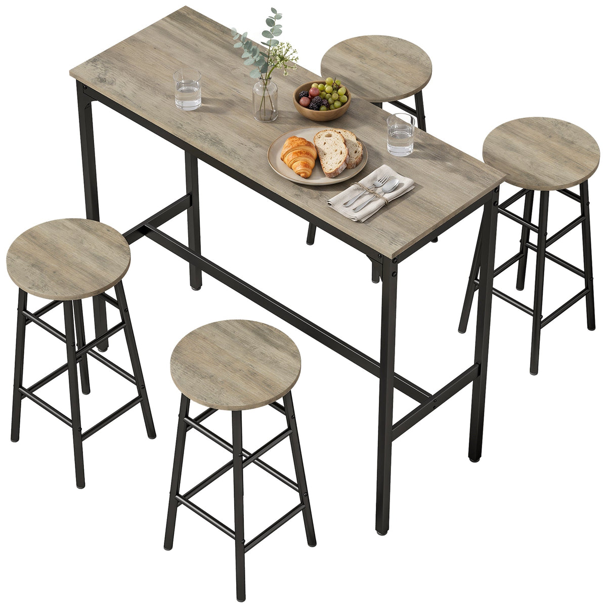 5 Piece Bar Table Set with 4 Stools, Industrial Bar Table and Stool Set, Dining Table and Chair Set for Small Space, Grey Wood Effect