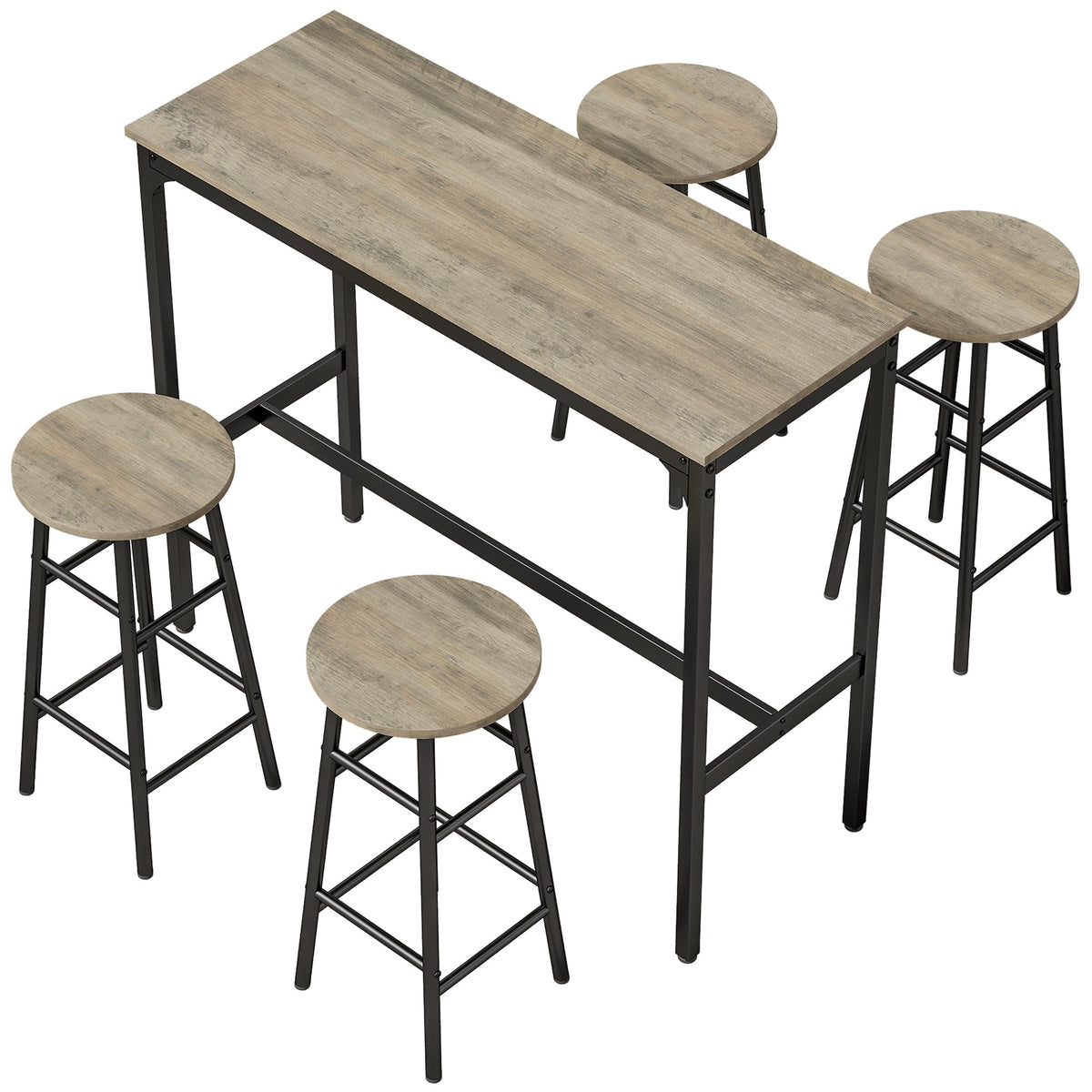 5 Piece Bar Table Set with 4 Stools, Industrial Bar Table and Stool Set, Dining Table and Chair Set for Small Space, Grey Wood Effect