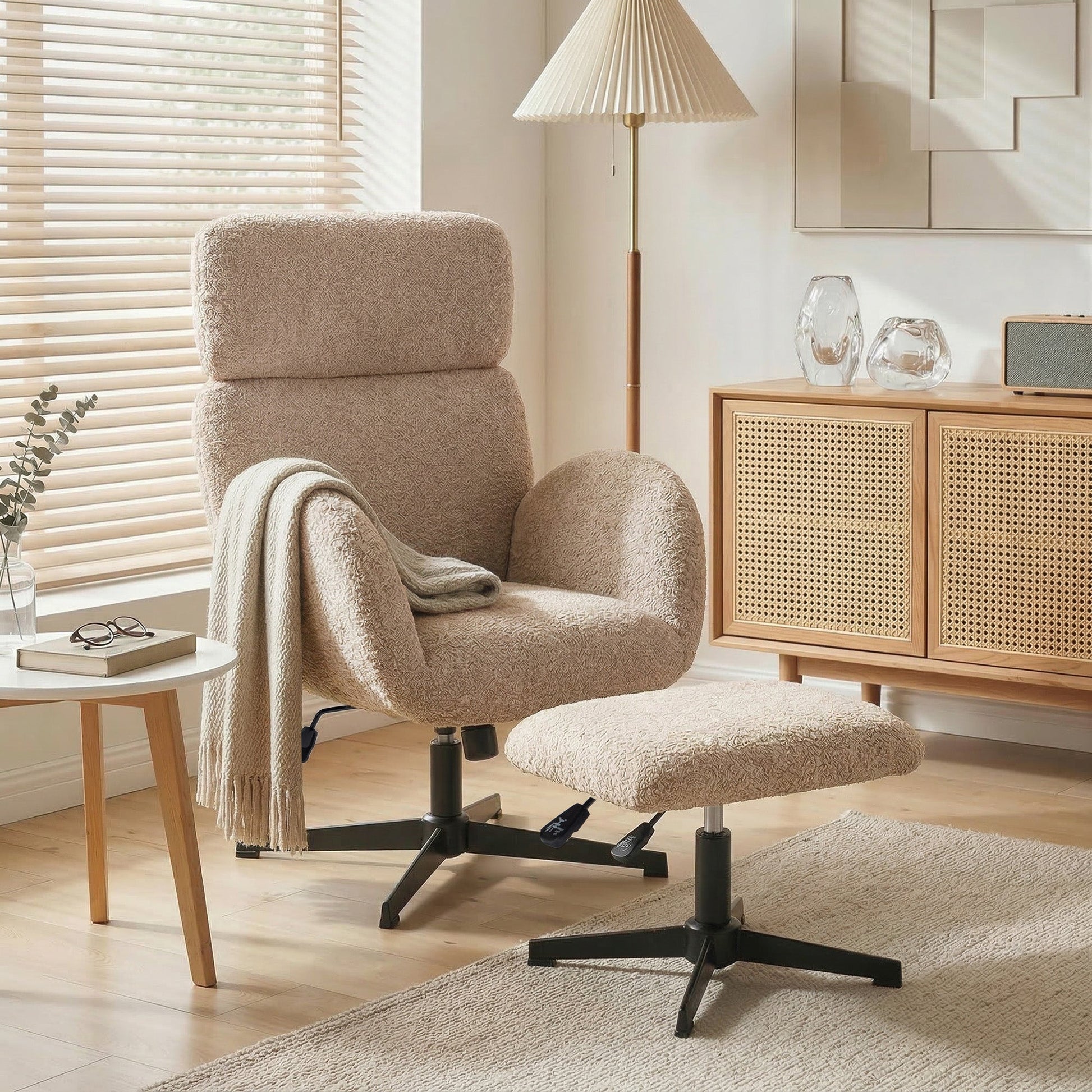 Swivel Armchair and Footstool Set, Raindrop Velvet Height Adjustable Accent Chair with Adjustable Headrest, Rocking Function, Wide Back, Modern Lounge Chair for Living Room, Light Brown