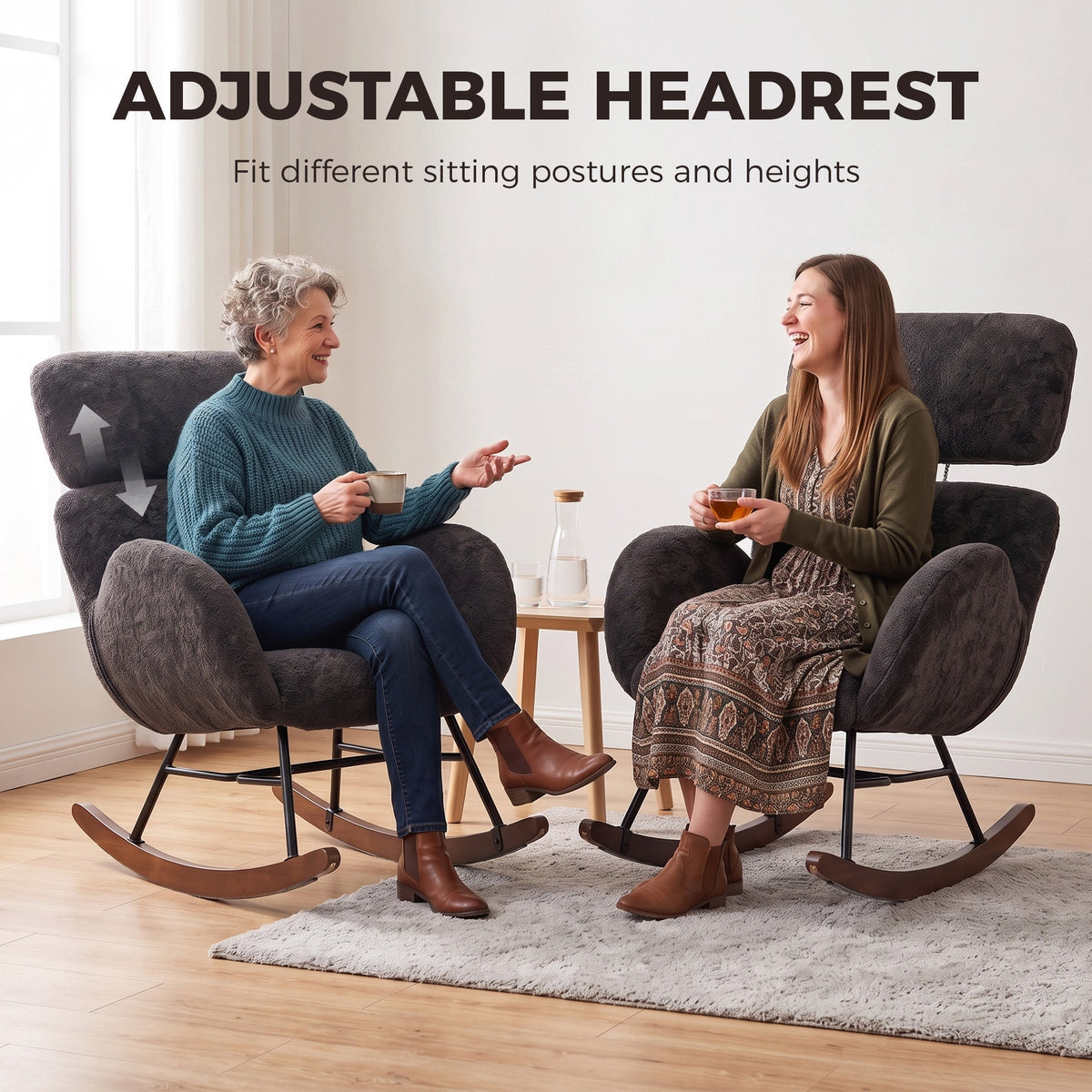 Rocking Chair with Adjustable Headrest, Modern Velvet Upholstered Rocker Chair, Steel Frame and Rubberwood Legs, Foam Padded Armrests, Wide Seat for Living Room, Bedroom, Study, Dark Grey