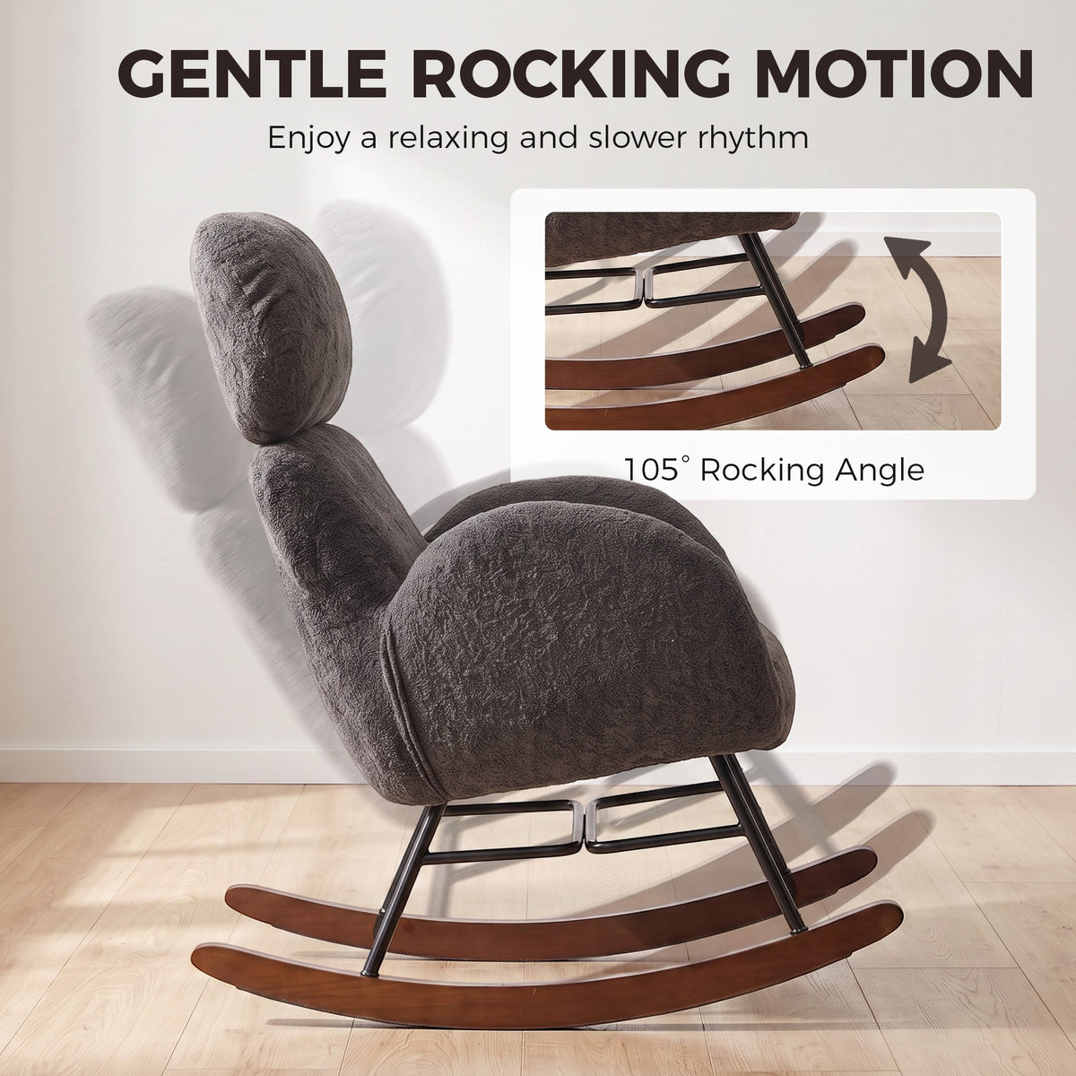 Rocking Chair with Adjustable Headrest, Modern Velvet Upholstered Rocker Chair, Steel Frame and Rubberwood Legs, Foam Padded Armrests, Wide Seat for Living Room, Bedroom, Study, Dark Grey