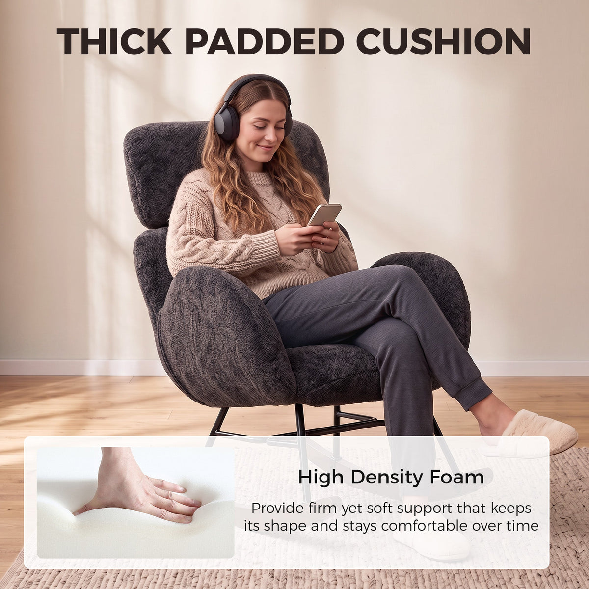 Rocking Chair with Adjustable Headrest, Modern Velvet Upholstered Rocker Chair, Steel Frame and Rubberwood Legs, Foam Padded Armrests, Wide Seat for Living Room, Bedroom, Study, Dark Grey