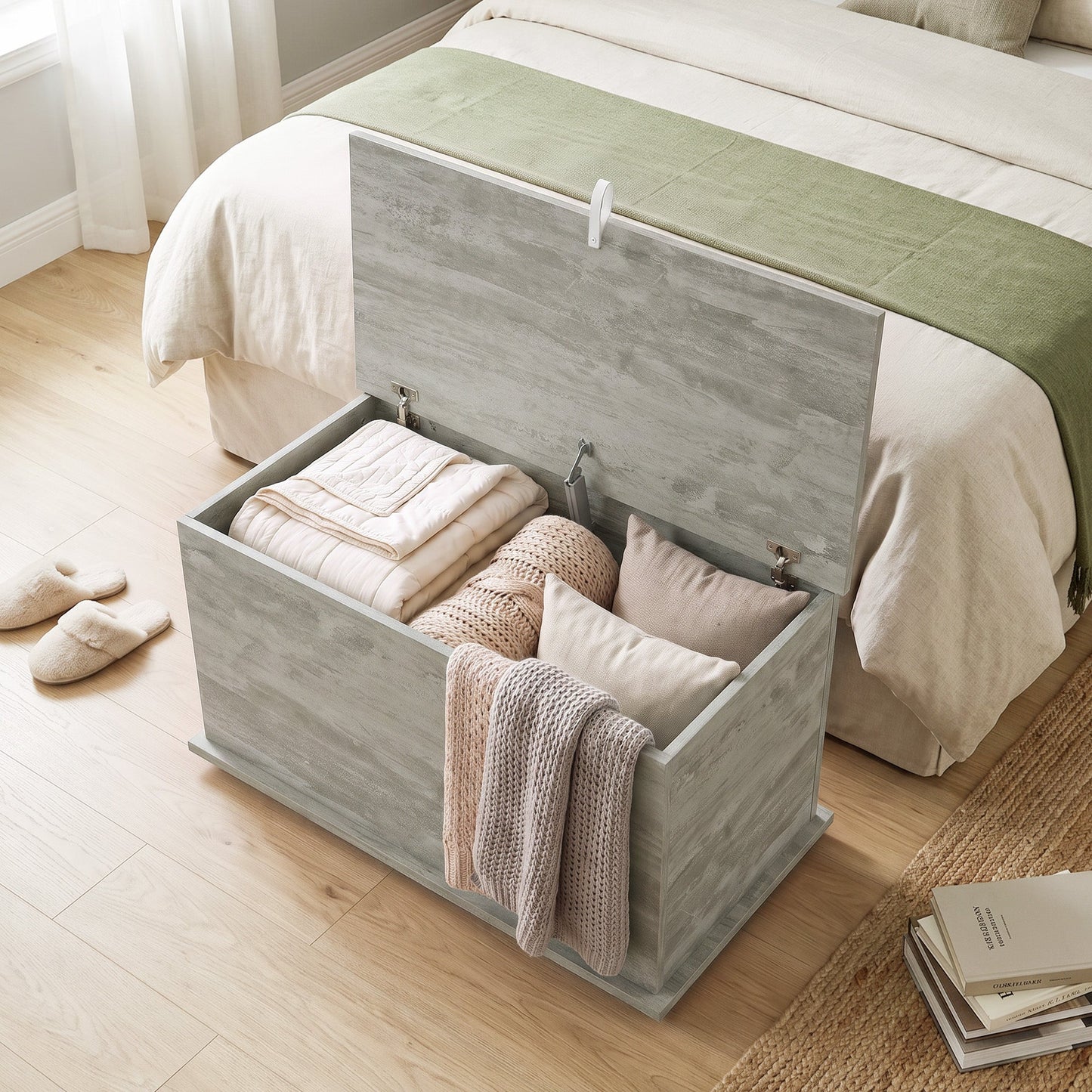 Storage Chest, Large 102L Blanket Box, Shoe Bench with Safety Hinged Lid, Storage Trunk, Bed End Bench for Bedroom, Hallway, Living room, Playroom, 80 x 40 x 45cm, Grey