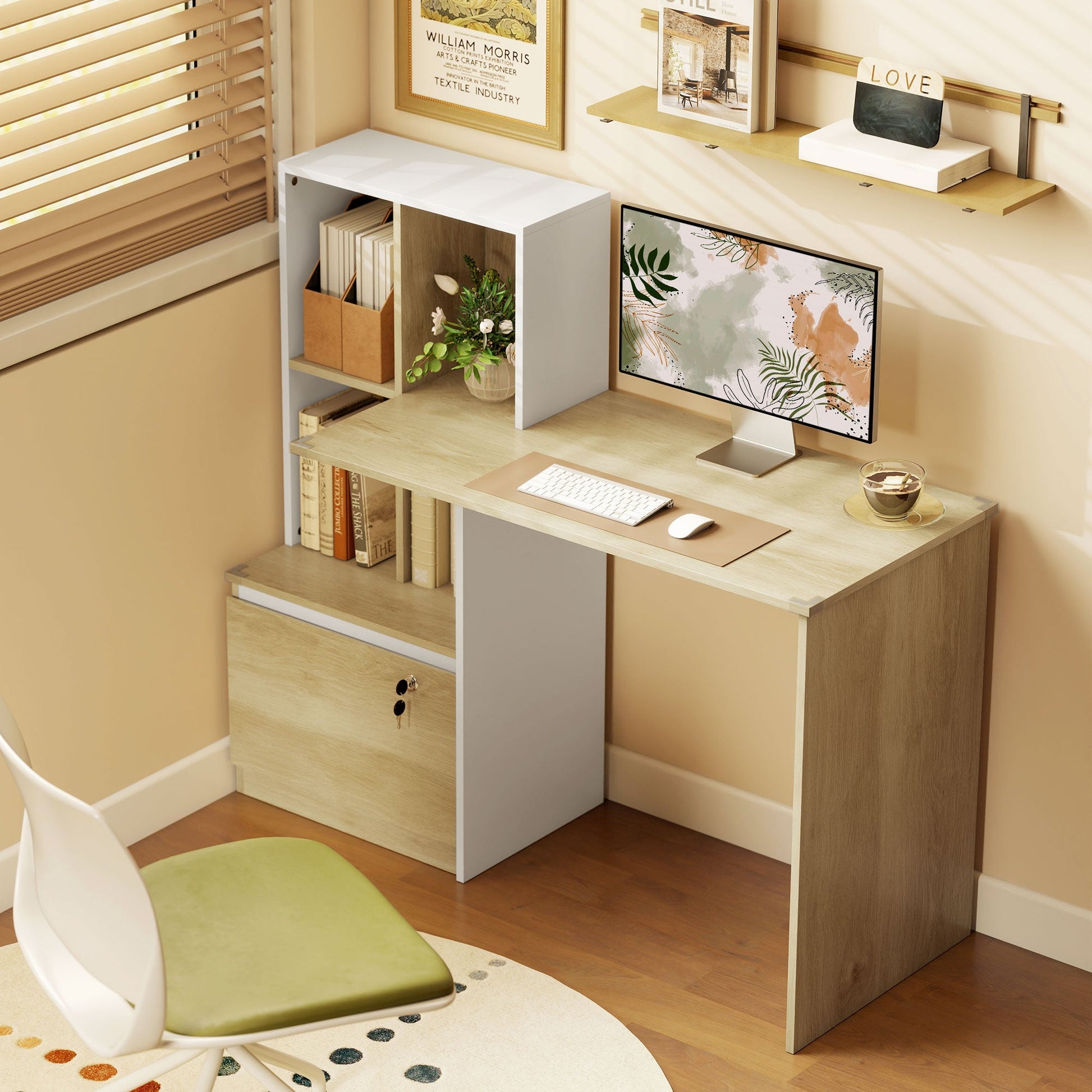 126 cm Computer Desk, Home Office Desk with Bookshelf and Lockable Drawer, Adjustable Hanging Rails for A4 and Letter Size Files, Small Writing Table for Bedroom, Study Room, Oak Wood Effect