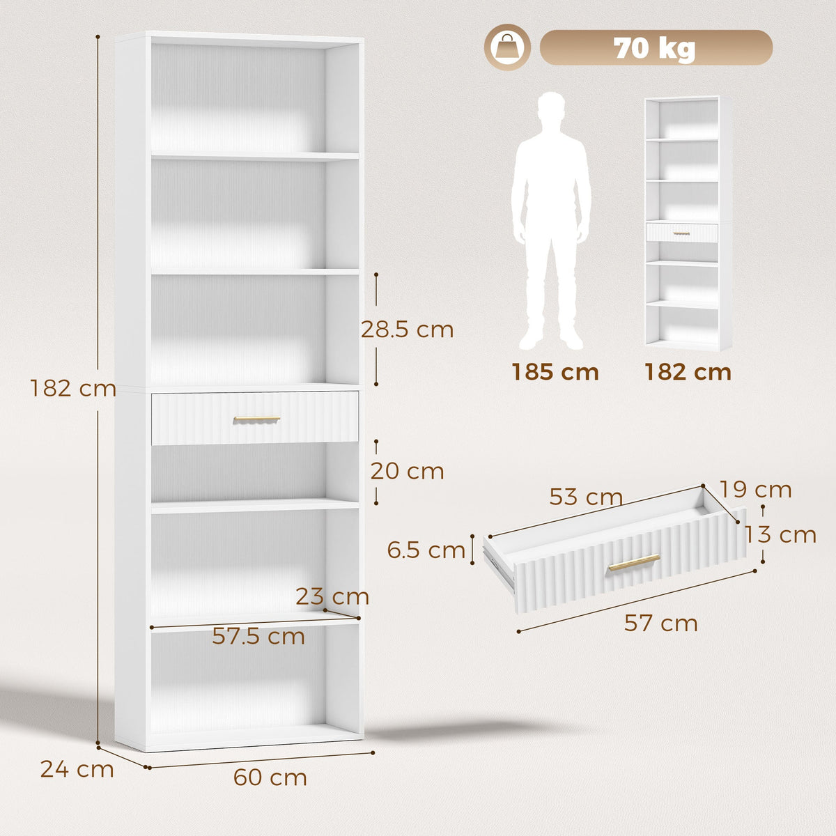 Tall Bookcase with Cubes, 7-Tier Bookshelf with Drawer, Freestanding Shelving Unit, 60 x 24 x 182 cm, Space-Saving for Study, Home Office, Living Room, White