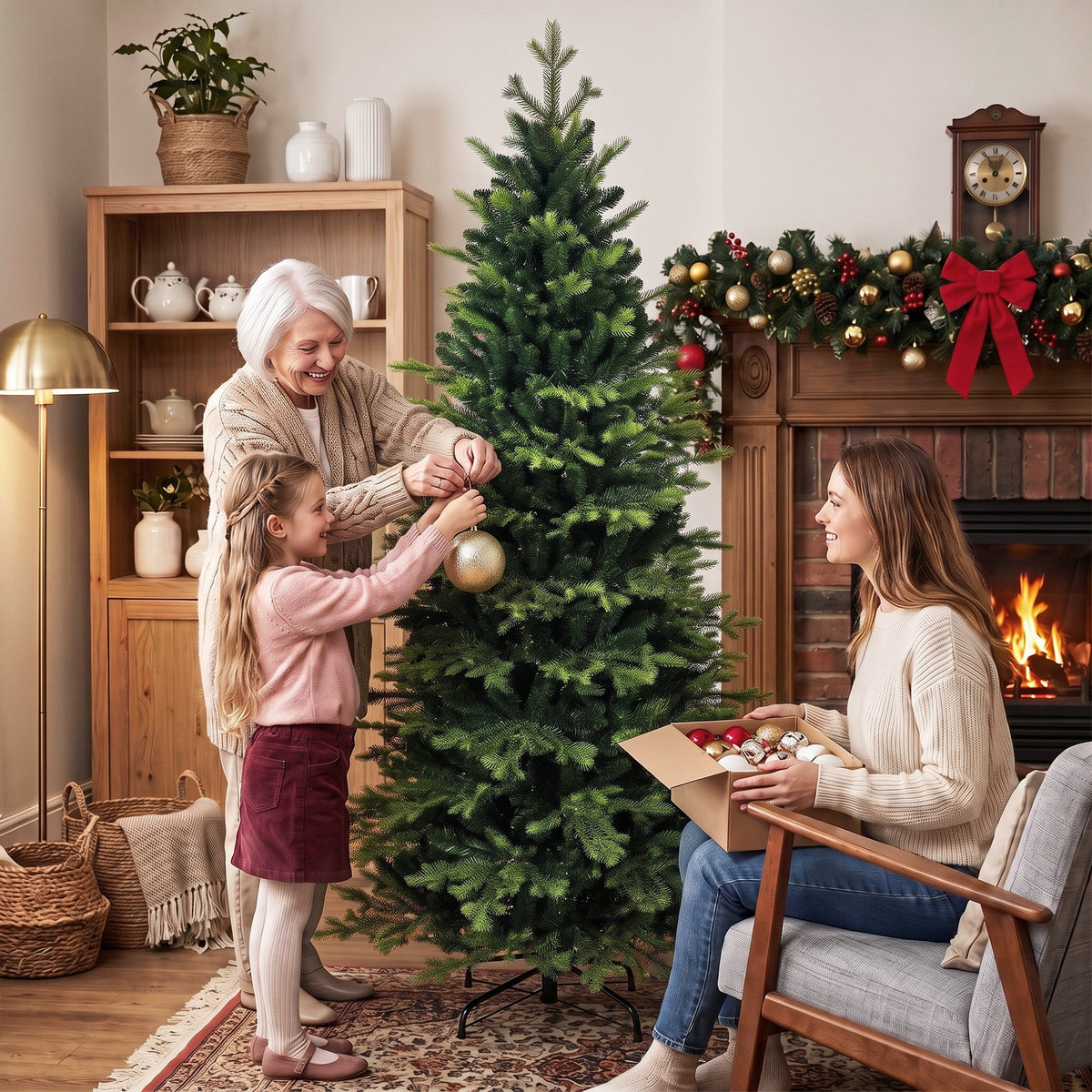 6ft/180cm Artificial Christmas Tree, Geneva Fir Hinged Xmas Tree with 1610 Branch Tips, Foldable Steel Stand, Easy Assembly for Home Office Holiday Decoration, Green