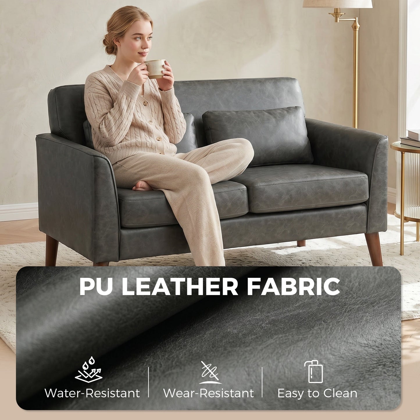 2 Seater Sofa, 132 cm Modern Small Sofa, PU Leather Upholstered Loveseat with Solid Wood Legs and 2 Pillows, Couch Settee for Small Space, Living Room, Bedroom, Home Office, Grey