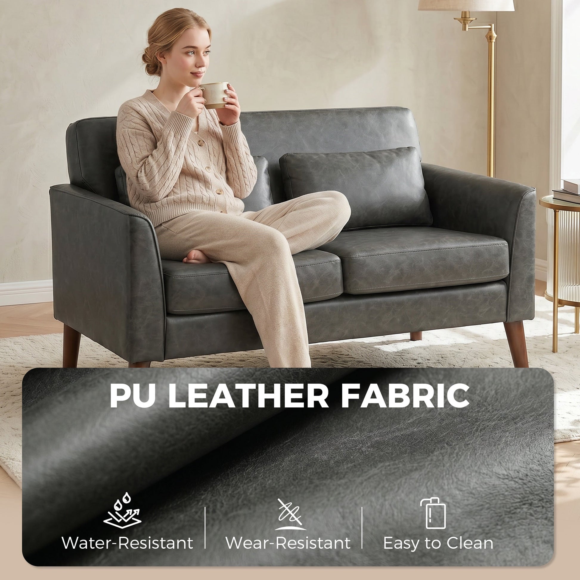 2 Seater Sofa, 132 cm Modern Small Sofa, PU Leather Upholstered Loveseat with Solid Wood Legs and 2 Pillows, Couch Settee for Small Space, Living Room, Bedroom, Home Office, Grey