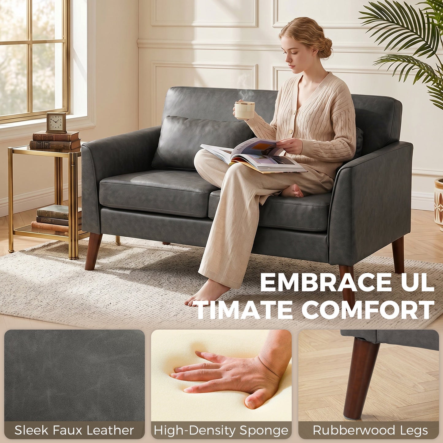 2 Seater Sofa, 132 cm Modern Small Sofa, PU Leather Upholstered Loveseat with Solid Wood Legs and 2 Pillows, Couch Settee for Small Space, Living Room, Bedroom, Home Office, Grey