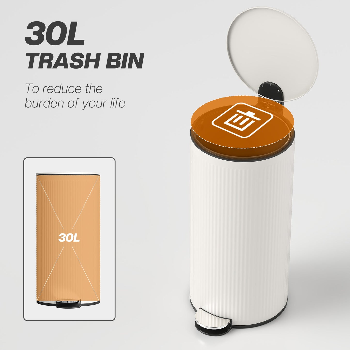 30 Litre Pedal Kitchen Bin with Soft Close and Stay Open Lid, Rubbish Bin with Removable Inner Bucket for Kitchen, Office, Home, Cream