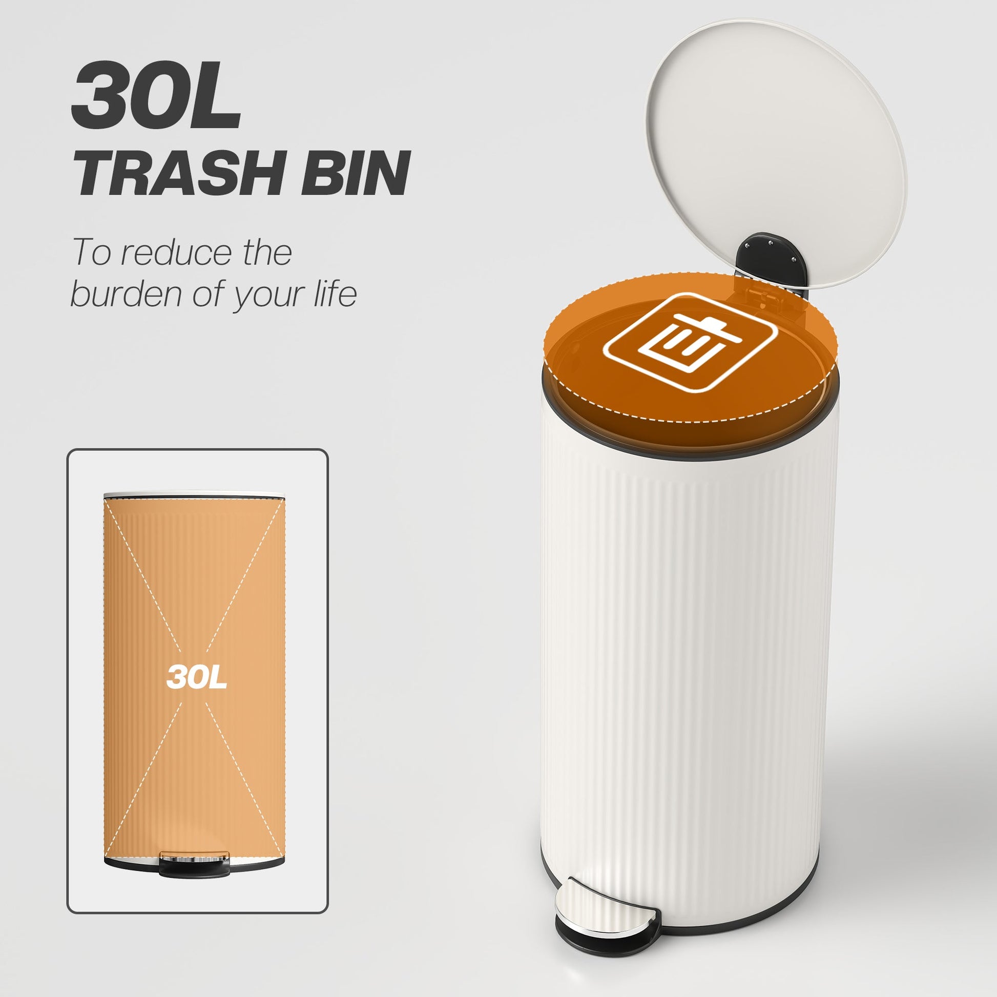 30 Litre Pedal Kitchen Bin with Soft Close and Stay Open Lid, Rubbish Bin with Removable Inner Bucket for Kitchen, Office, Home, Cream