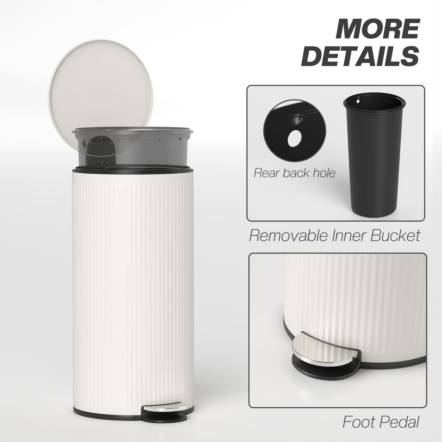 30 Litre Pedal Kitchen Bin with Soft Close and Stay Open Lid, Rubbish Bin with Removable Inner Bucket for Kitchen, Office, Home, Cream
