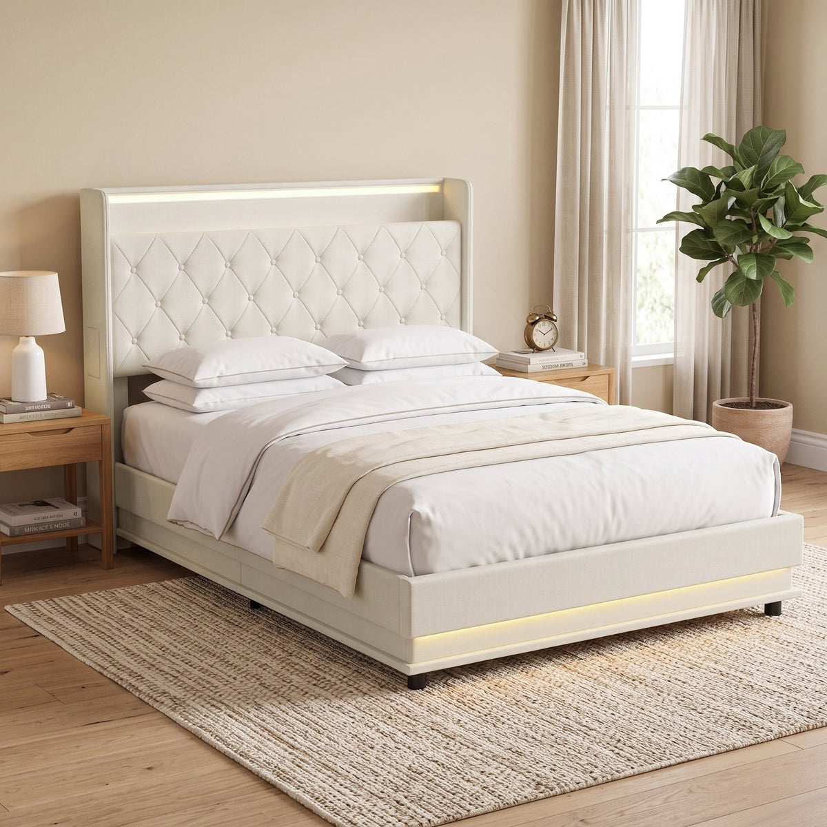 4ft6 Double Ottoman Bed Frame with Hydraulic Storage, APP Control LED Lights and Charging Station, Upholstered Lift Up Storage Bed Frame with Headboard, No Box Spring Needed, Cream White