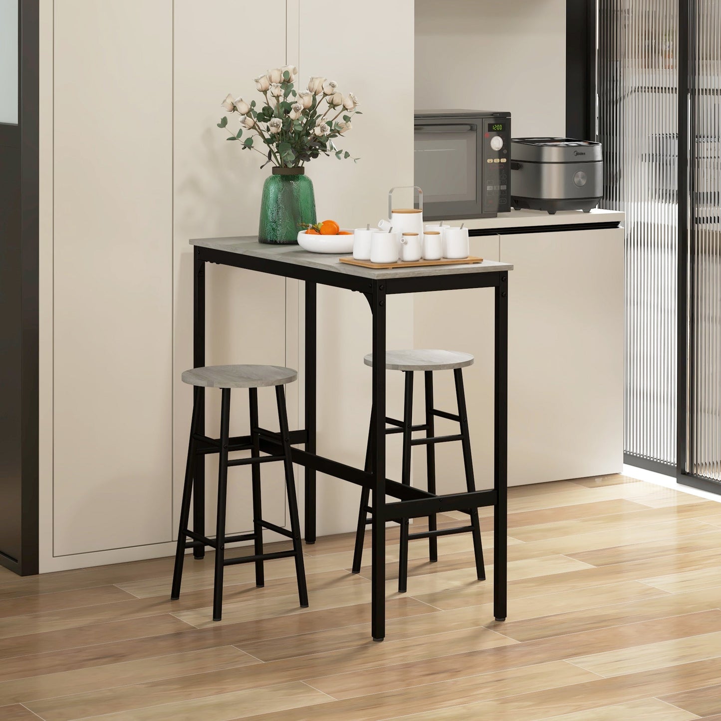 HOMCOM 3 Piece Bar Table Set with 2 Stools, Industrial Bar Table and Stool Set, Dining Table and Chair Set for Small Space, Grey
