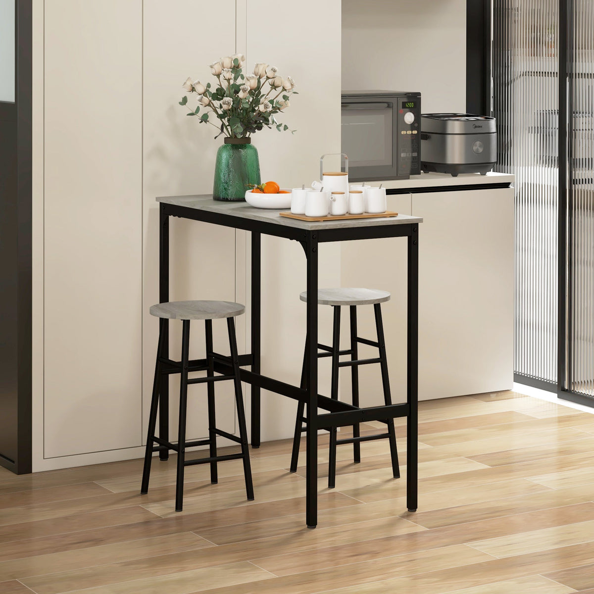 HOMCOM 3 Piece Bar Table Set with 2 Stools, Industrial Bar Table and Stool Set, Dining Table and Chair Set for Small Space, Grey