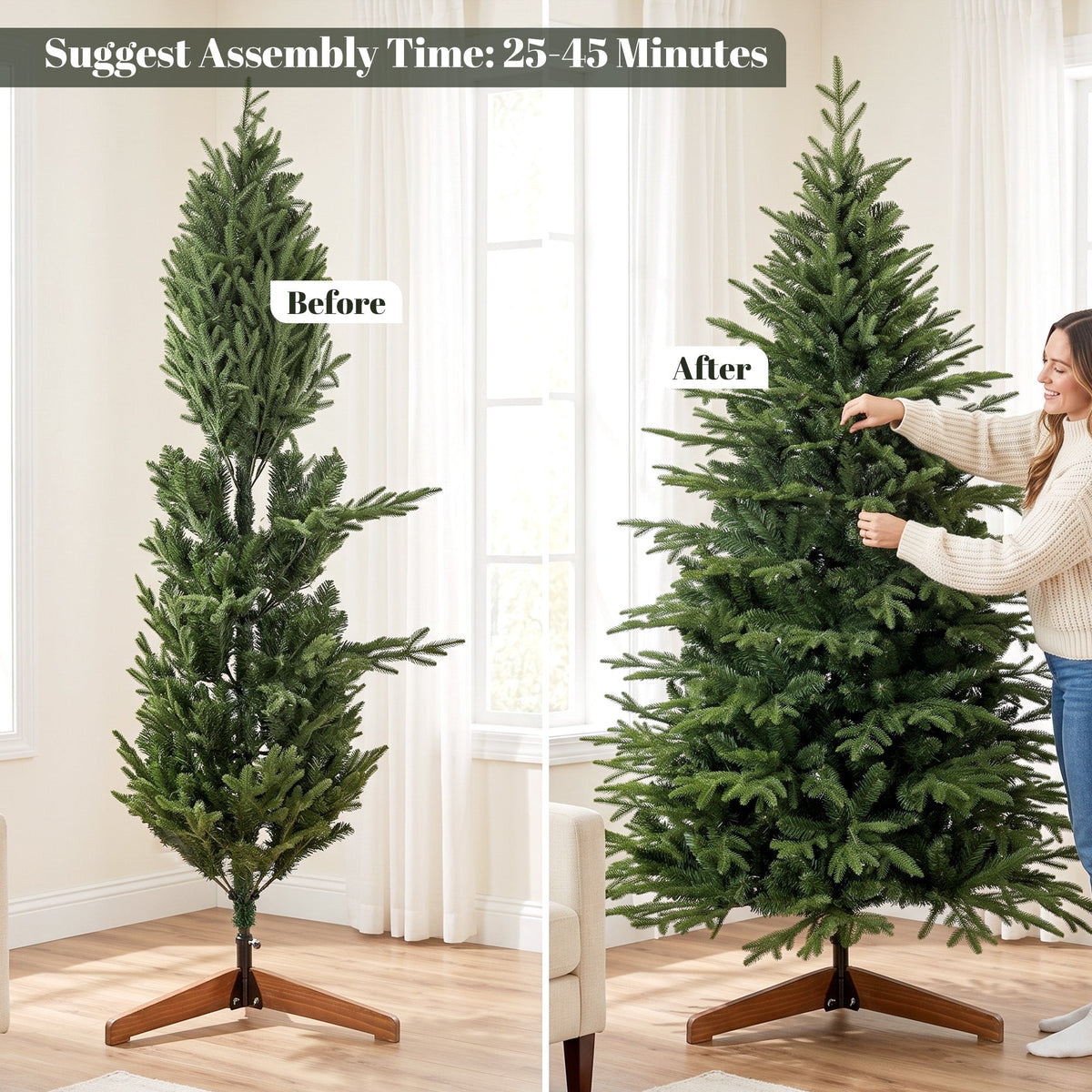 6ft Artificial Christmas Tree, Full Hinged Xmas Tree with 2081 PE & PVC Tips, Solid Pine Wood Stand for Home Office Holiday Decoration, Green