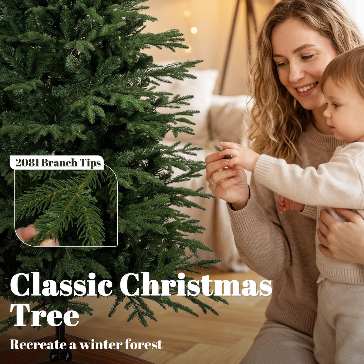 6ft Artificial Christmas Tree, Full Hinged Xmas Tree with 2081 PE & PVC Tips, Solid Pine Wood Stand for Home Office Holiday Decoration, Green
