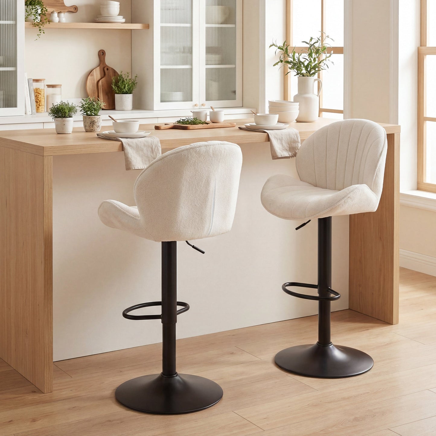 Bar Stools Set of 2, Swivel Counter Height Barstools with Back, Adjustable Height and Footrest, Chenille Upholstered Modern Bar Chairs for Kitchen Island, Dining Room, Cream