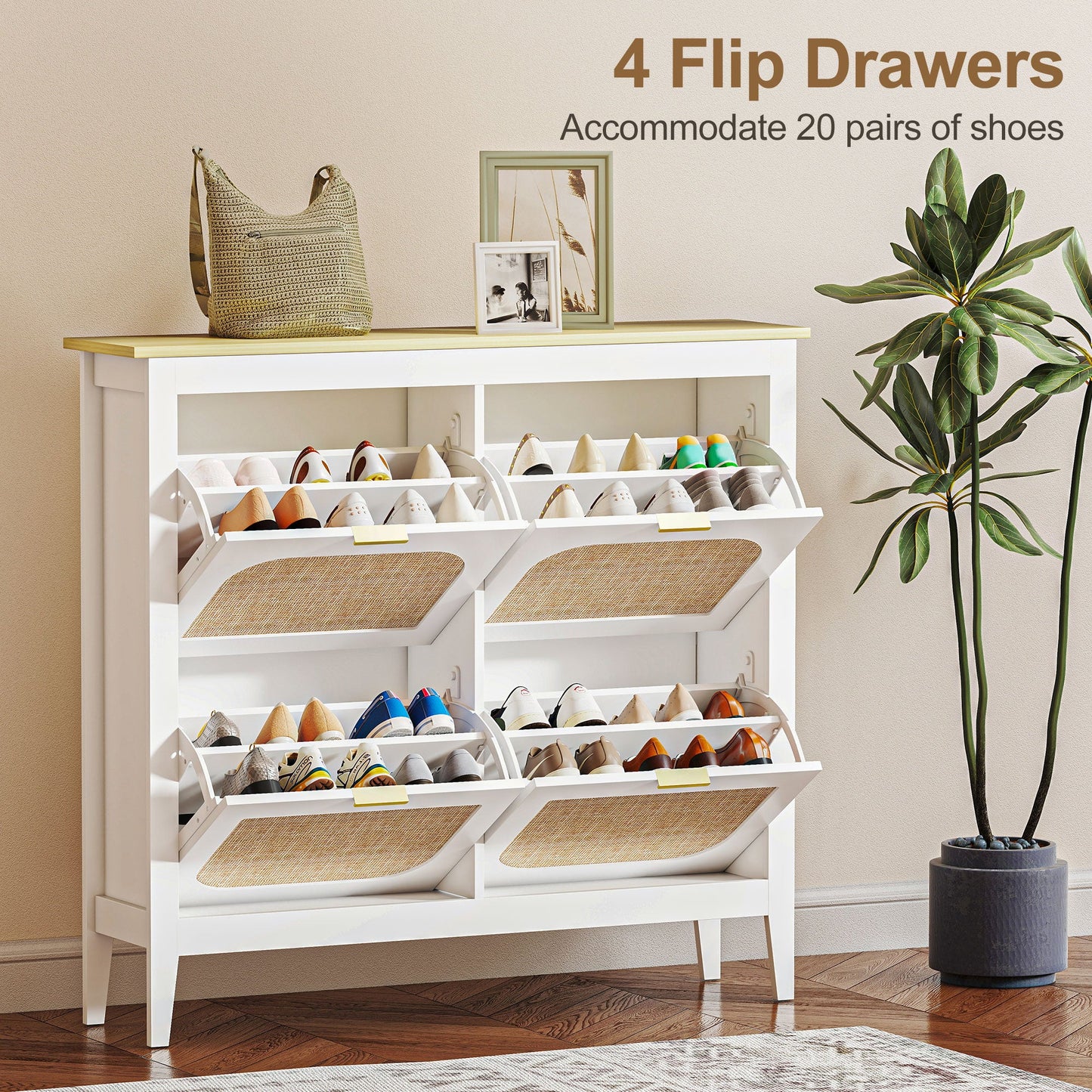 Shoe Storage Cabinet with 4 Flip Drawers, Boho Slim Shoe Cabinet with Rattan Doors for Entryway, Hallway, Holds 20 Pairs, White