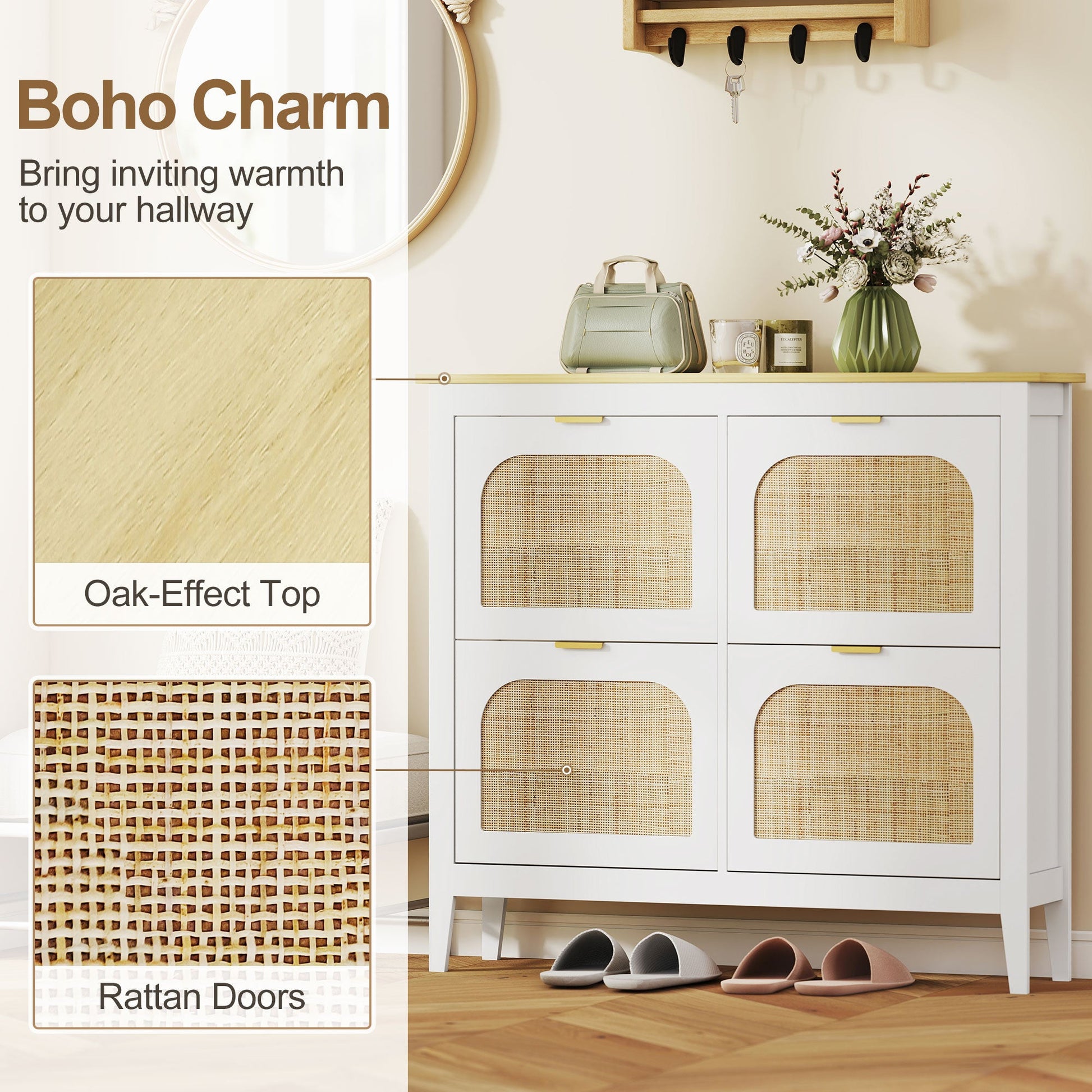Shoe Storage Cabinet with 4 Flip Drawers, Boho Slim Shoe Cabinet with Rattan Doors for Entryway, Hallway, Holds 20 Pairs, White