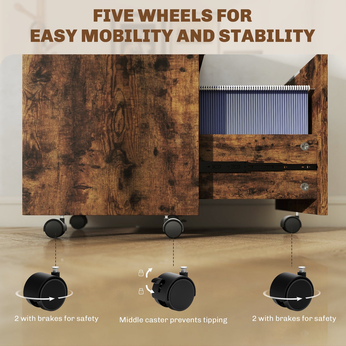 Mobile File Cabinet with Wheels and Lock, 2 Drawer Under Desk Office Cabinet, Adjustable A4 and Letter Hanging Bars, Black and Rustic Brown