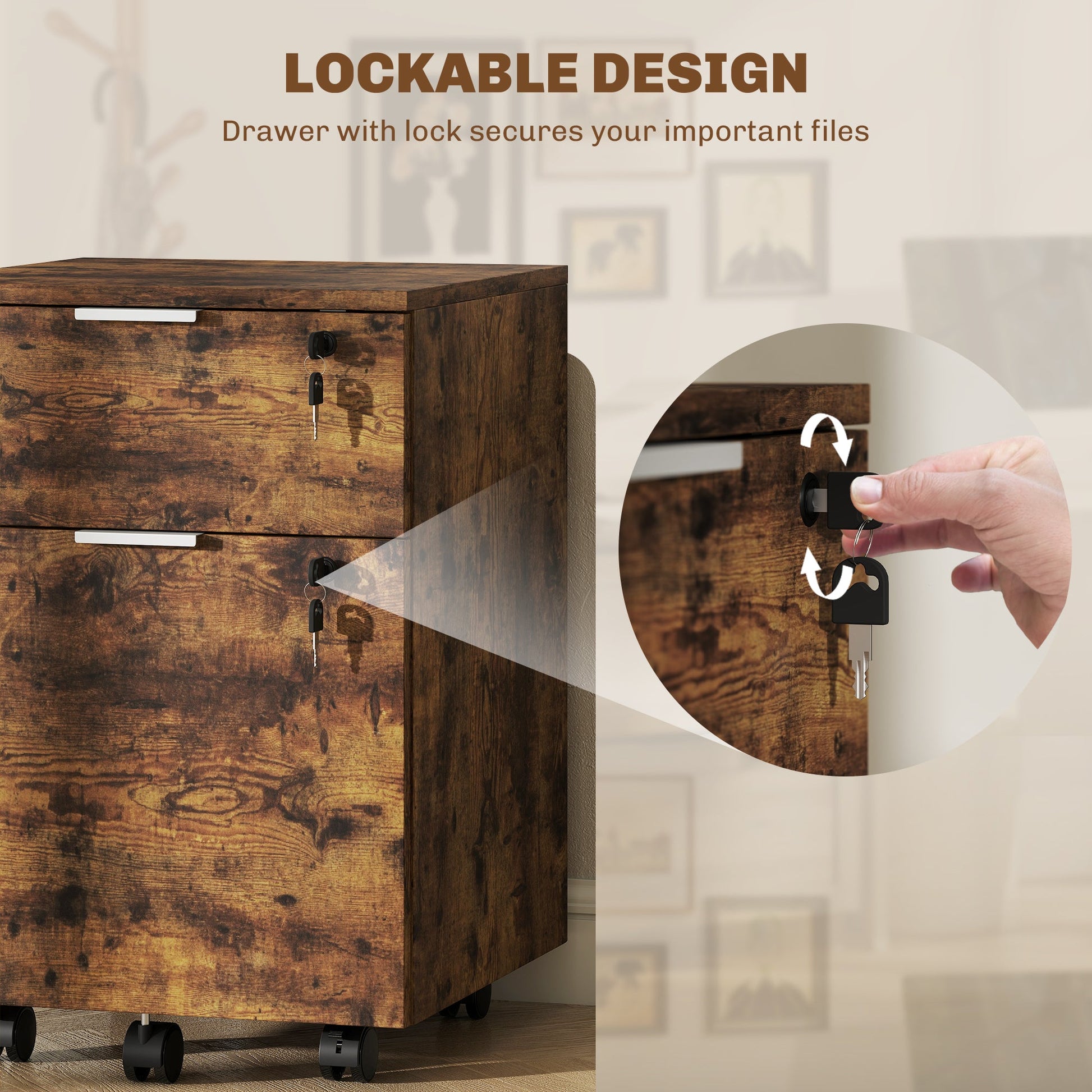 Mobile File Cabinet with Wheels and Lock, 2 Drawer Under Desk Office Cabinet, Adjustable A4 and Letter Hanging Bars, Black and Rustic Brown