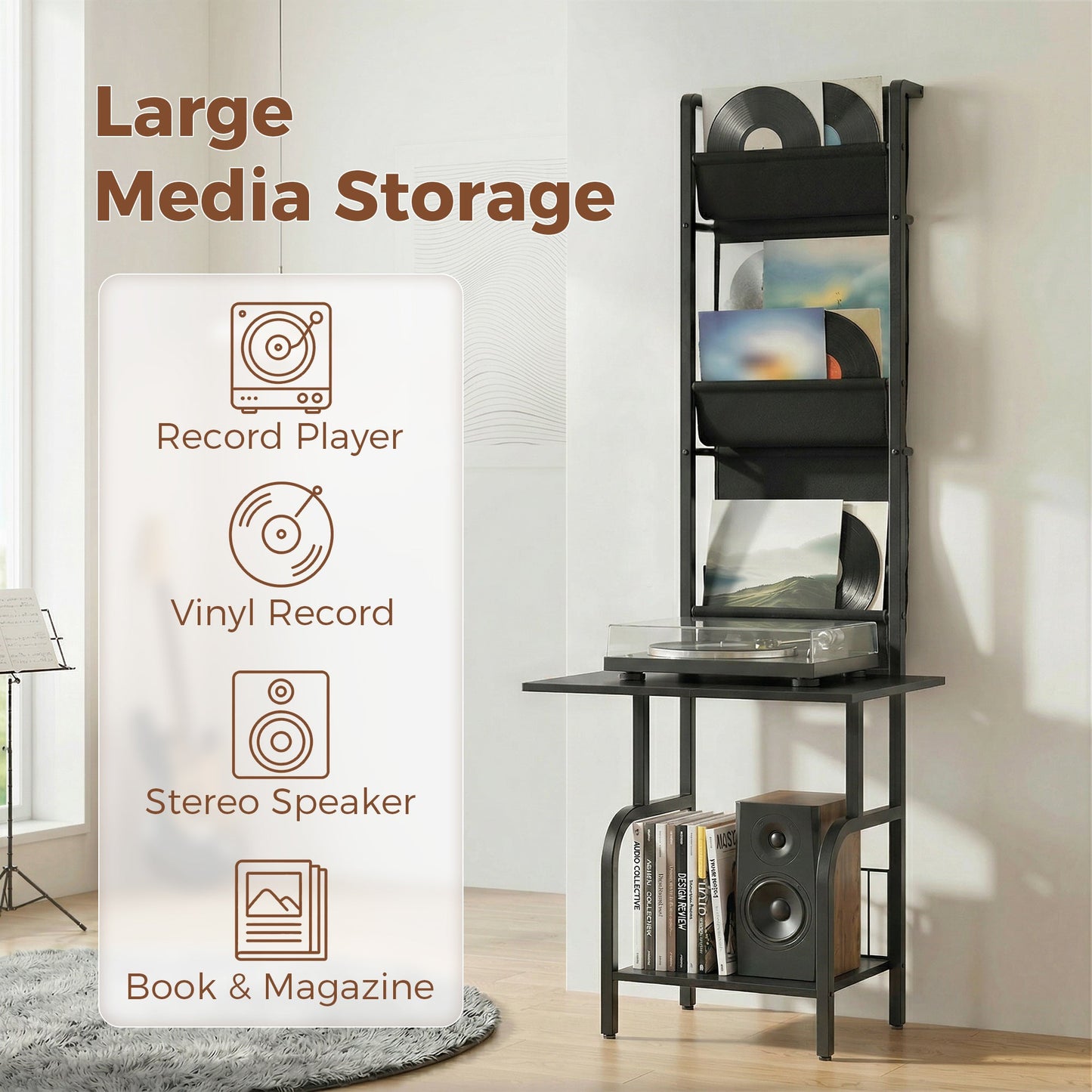 Vinyl Record Storage with Player Stand, Turntable Stand and Display Shelf, CD Storage Unit for Up to 40 CDs, Record Player Table for Living Room or Bedroom, Black